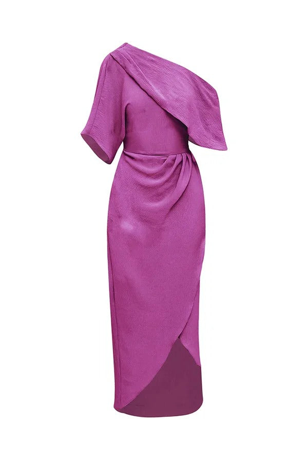 Whispered Yes Satin Irregular Lapel Neckline Design Ruched Maxi Dress