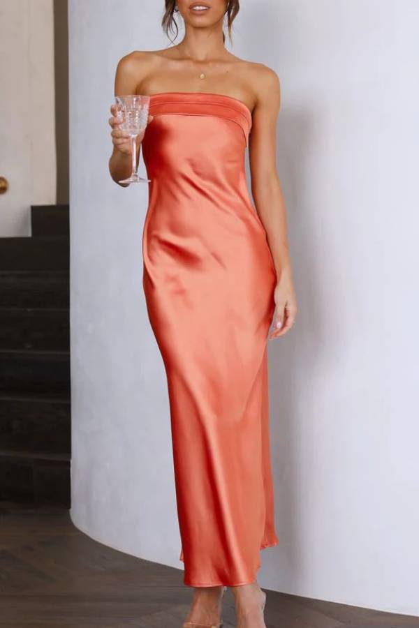 Strapless Satin & Print Fitted Maxi Dress
