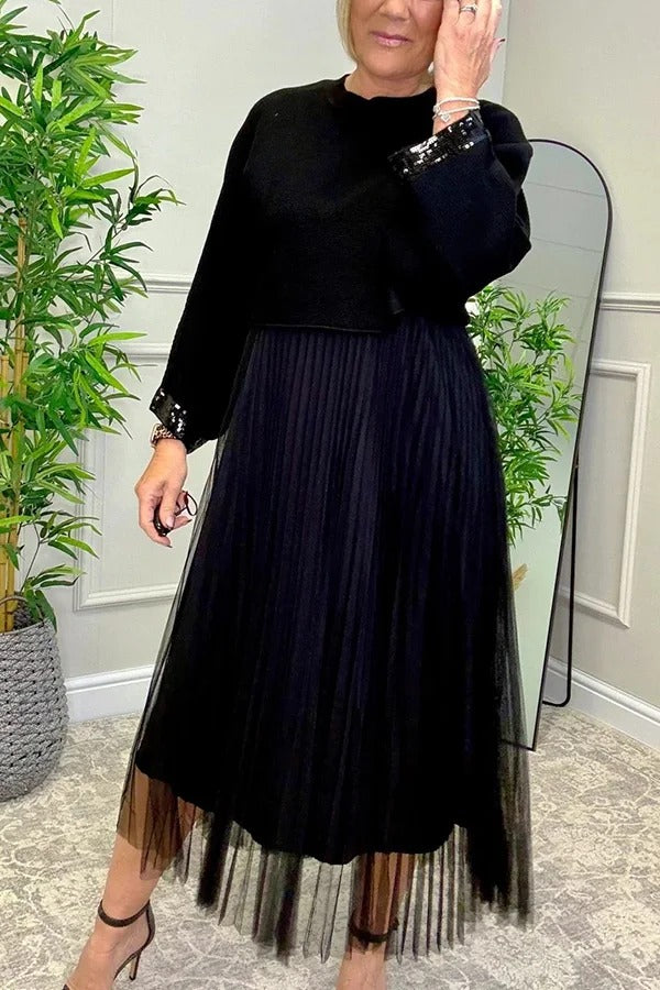 Fenna Ribbed Sequin Trim Batwing Sleeve Sweater and Pleated Tulle Stretch Tank Midi Dress Two-piece Set