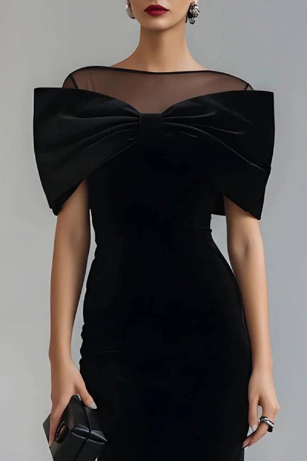 Dramatic Black Velvet Bow Midi Dress