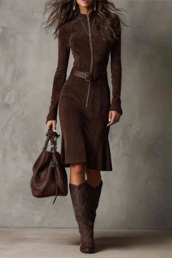 Brown Vintage Zipper Belted Midi Dress