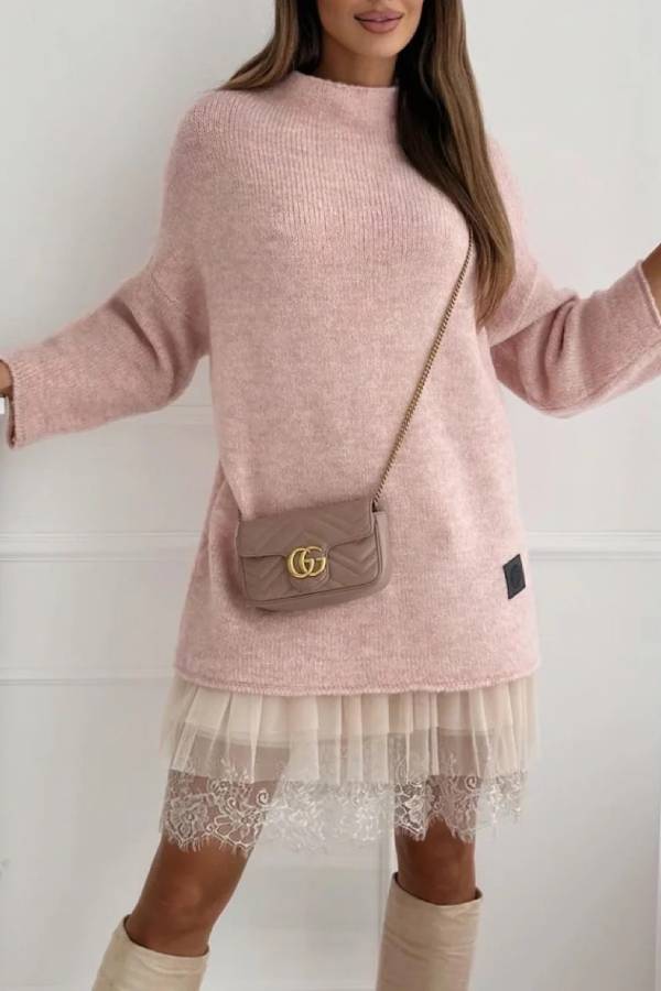 High-neck lace-trimmed long sweater