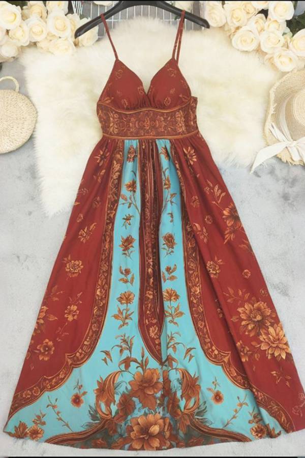 Bohemian print halter high slit maxi dress