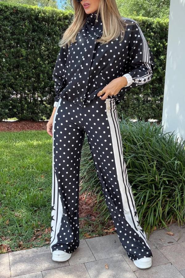 Lucienne Polka Dot Striped Star Print High Rise Elastic Waist Wide Leg Pants