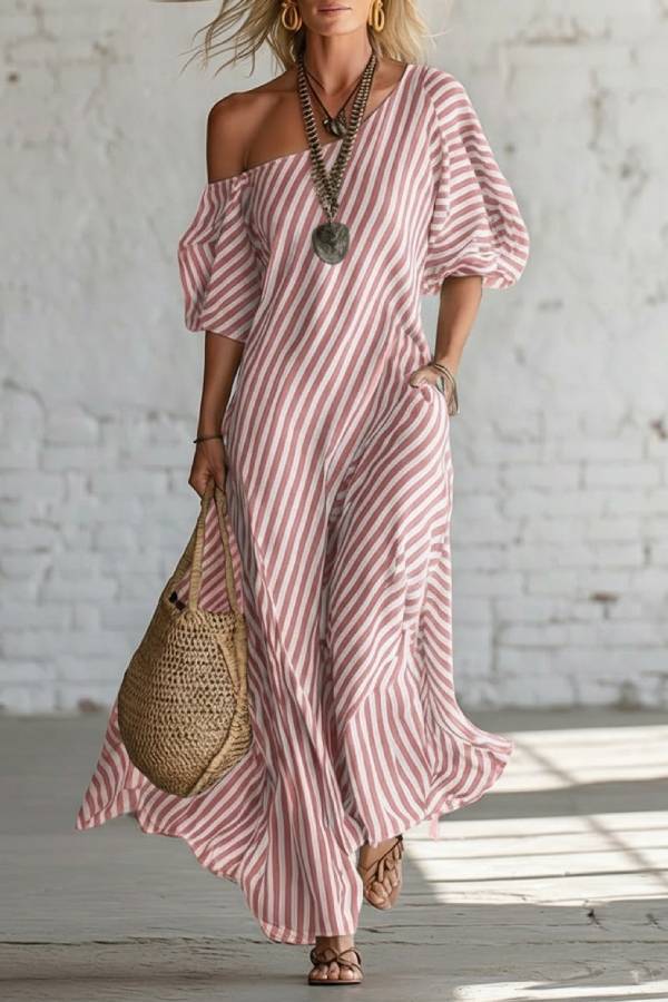 Asymmetric One-Shoulder Striped Maxi Dress