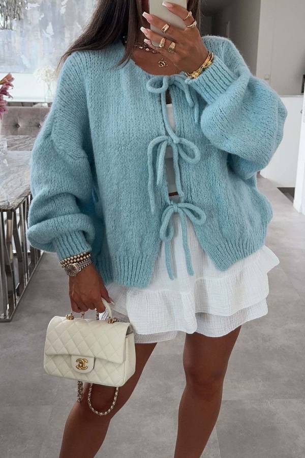 Multi-colored belted loose knit cardigan