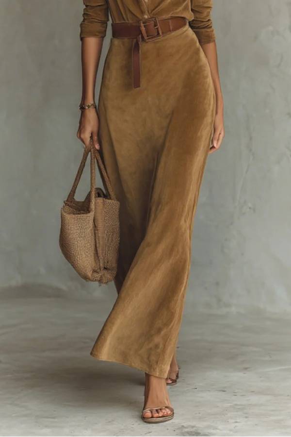 Suede Single-breasted Lapel Maxi Dress