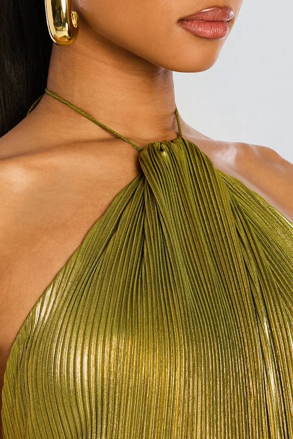 Glamorous Metallic Pleated Fabric Open Back Halter Slit Maxi Dress
