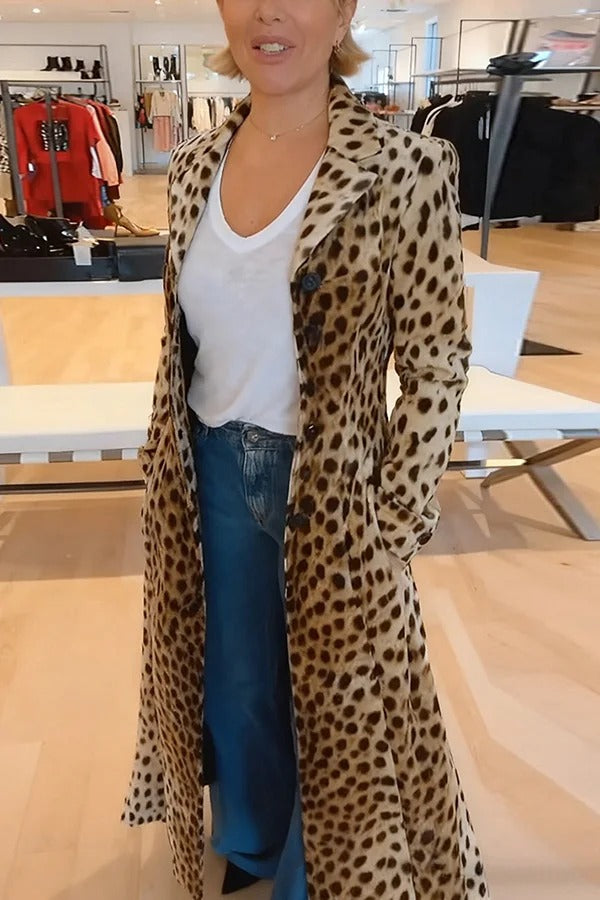 Leopard Print Long Sleeve Pocket Casual Maxi Trench Coat