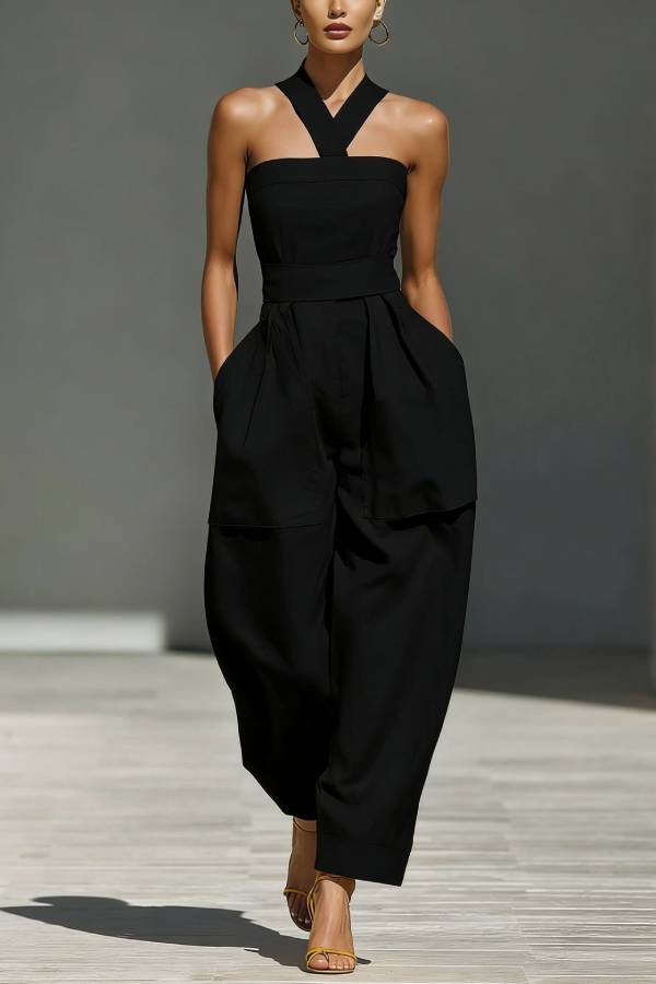 Cross Halter Bandeau Waistband Wide Leg Cargo Jumpsuit