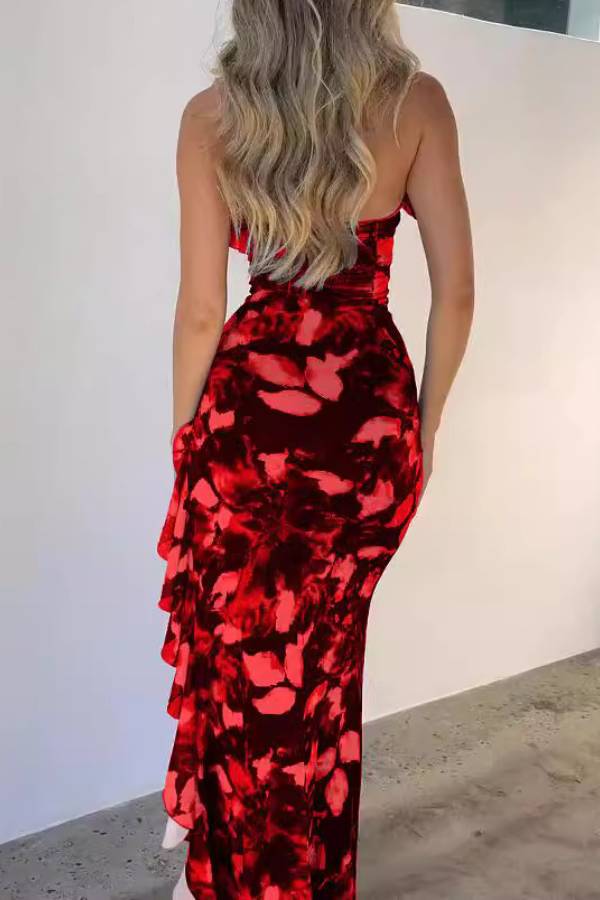 Printed tie-waist one-shoulder high slit ruffle maxi dress