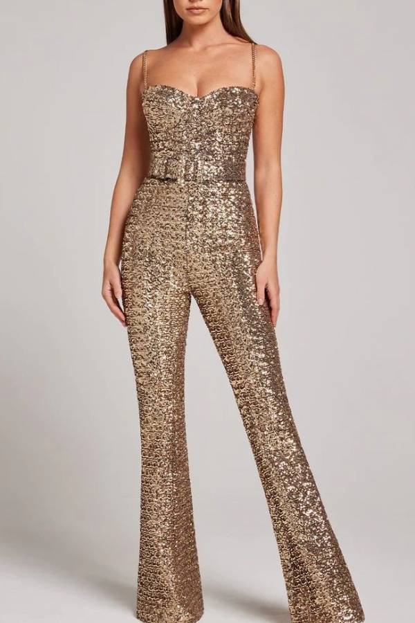 Sequined halter-neck flared jumpsuit
