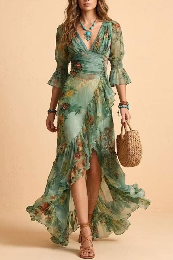 Women's Vintage Green Oil-Painting Floral Chiffon Maxi Dress