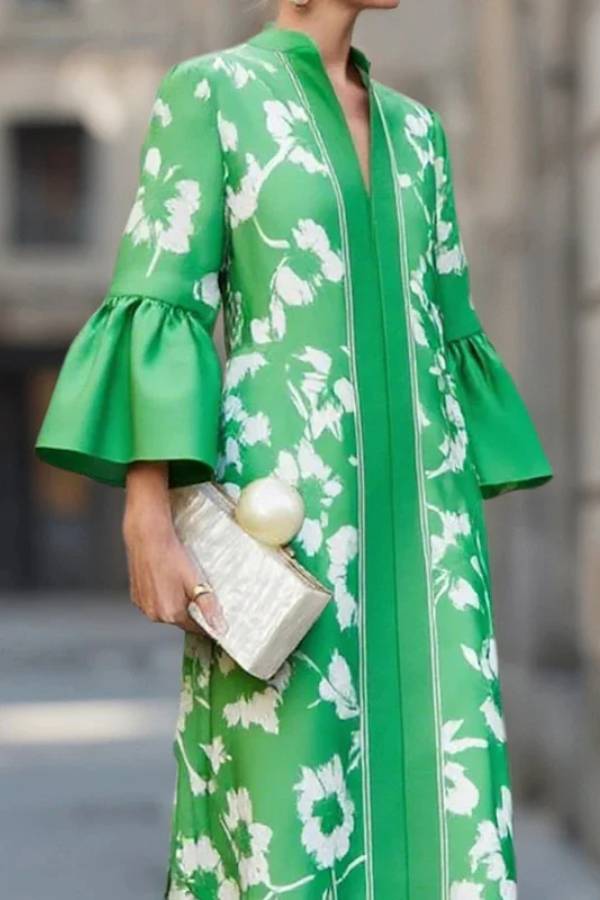 Bell Sleeve Loose Floral Print Side Slit Maxi Dress