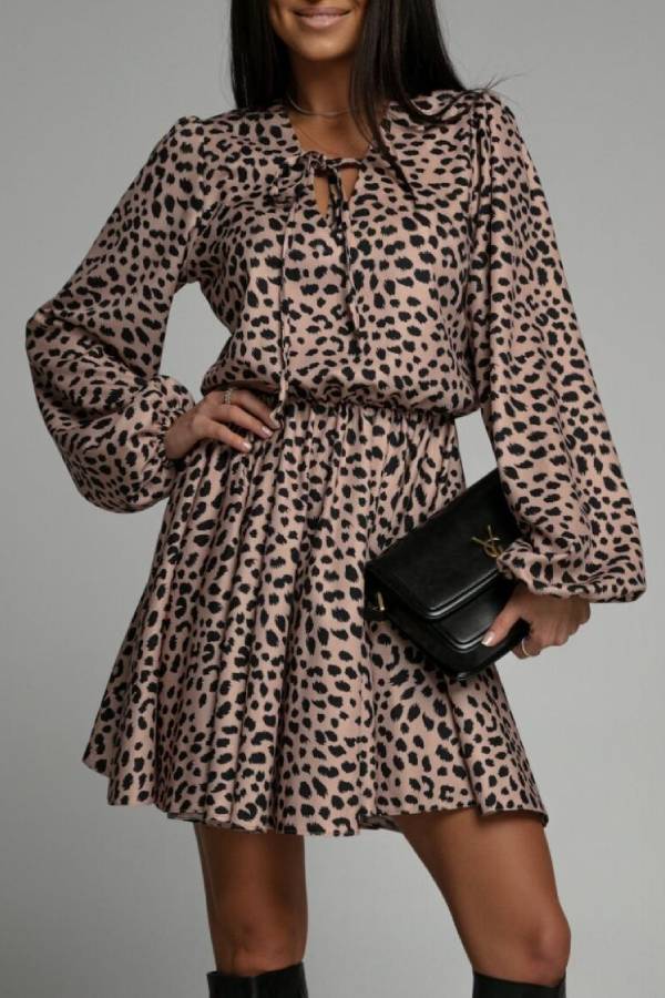 Tie-waist printed dress with lantern sleeves