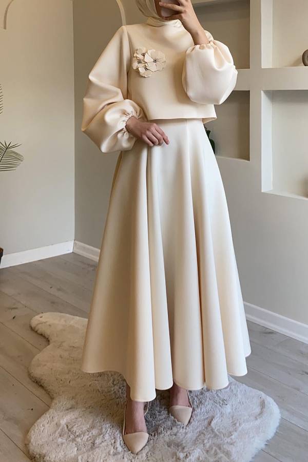 Three-Dimensional Floral Puff Sleeve Top + Long Swing Maxi Skirt Two-Piece Set