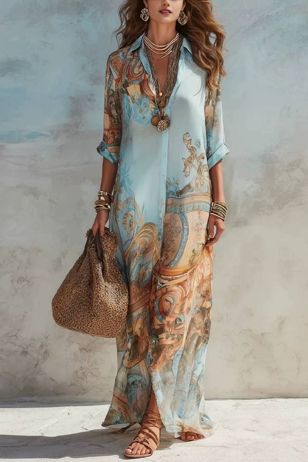 Blue & Brown Vintage Paisley Print Long Shirt Dress