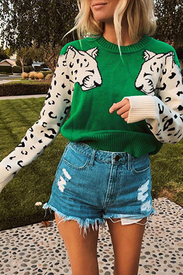 Women’s Casual Leopard Print Knitted Pullover Sweaters Long Sleeve Crew Neck Jumper Tops