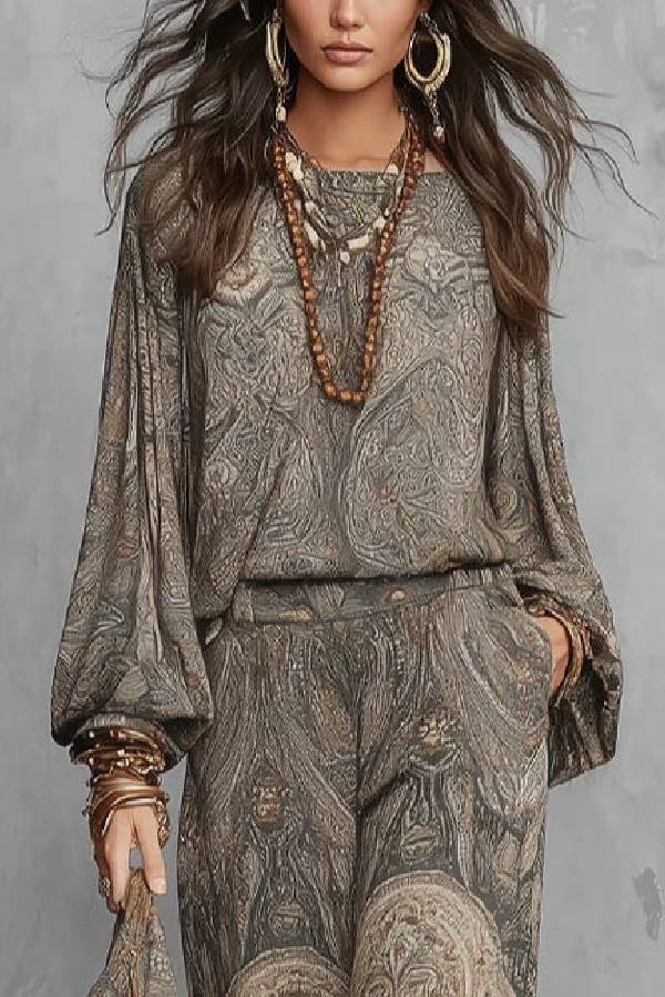 Grey Paisley Patterned Lantern Sleeve Top And Wide-leg Trousers Suit