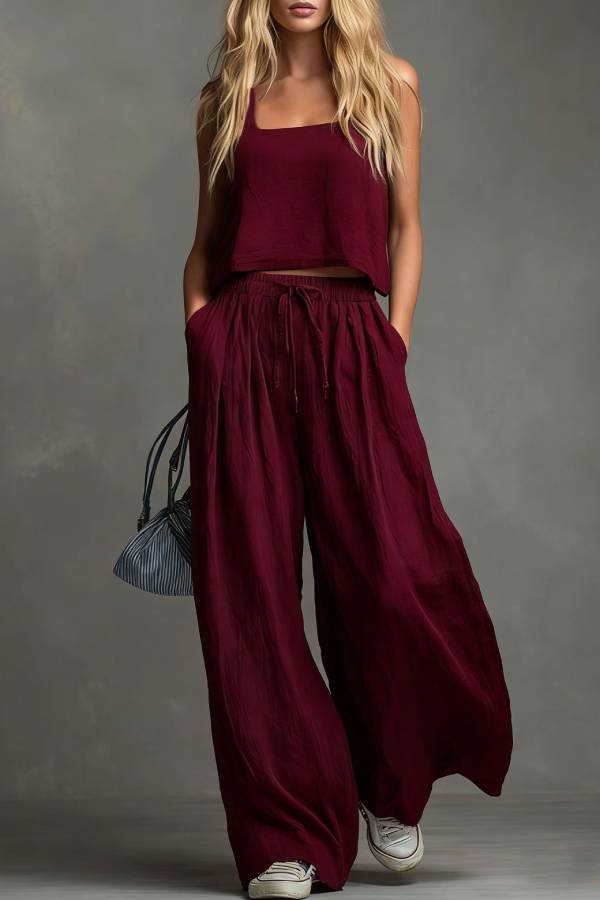 Linen-Style Square-Neck Cami and Wide-Leg Pants Set