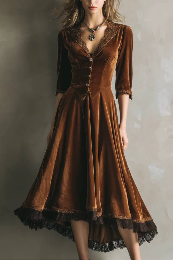 Velvet lace fitted waist retro mid-length sleeve dress