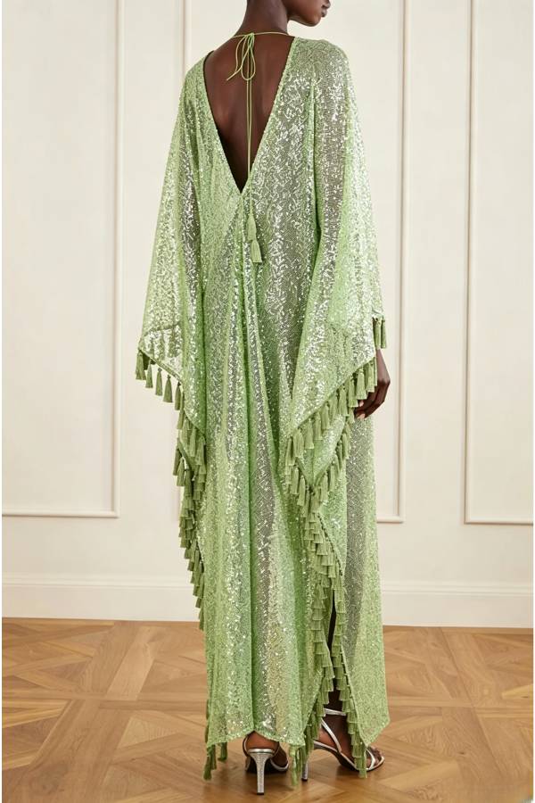 Gianna Sequin Deep V-neck Batwing Sleeve Fringed Trim Slit Gown Maxi Dress