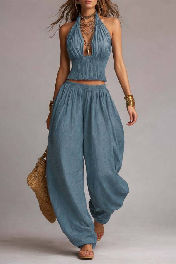 Halter Deep-V Ruched Crop Top & High Waist Harem Wide Leg Pants Two-Piece Set