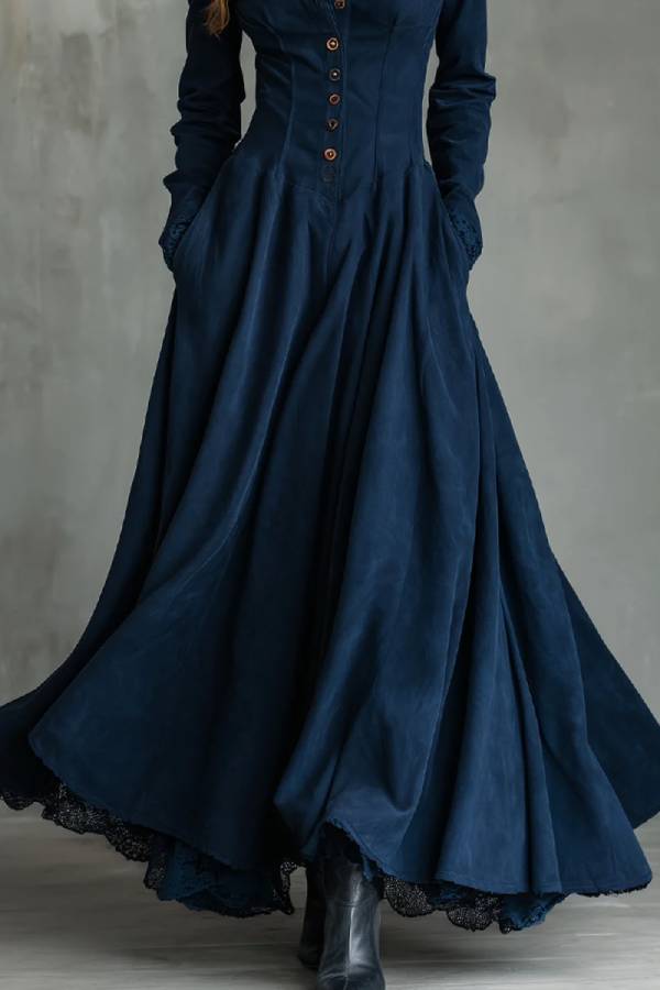 Gothic Dark Blue Faux Suede Lace-trimmed Shirt Collar Maxi Dress