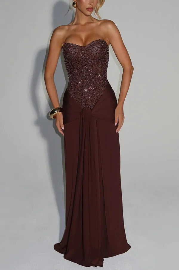 Carina Sequined and Satin Jersey Off Shoulder Ruched Knot Drape Maxi Dress