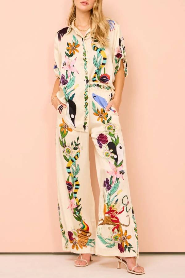 Claire Satin Unique Print Elastic Waist Pocketed Wide Leg Pants