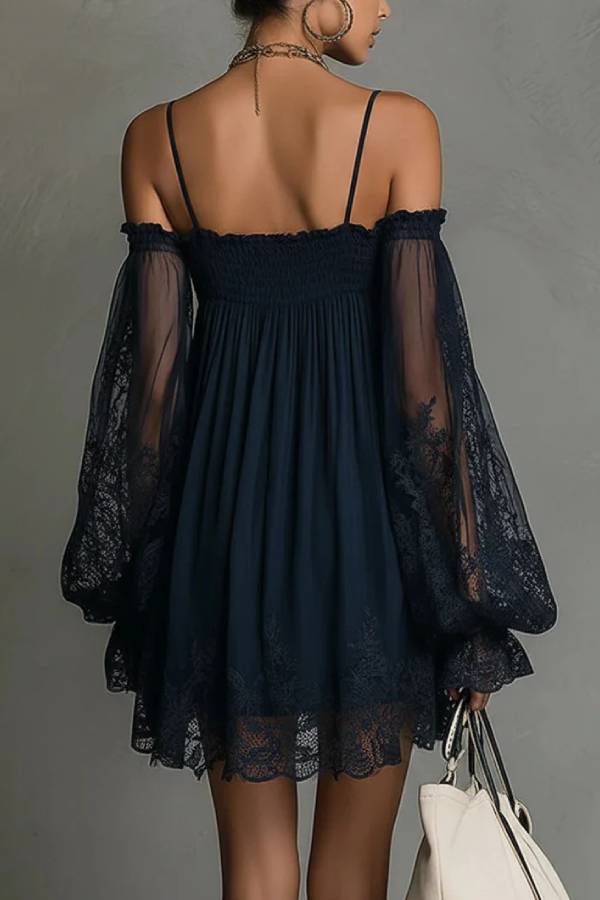 Spaghetti Strap Off-Shoulder Lace Lantern Sleeve Mini Dress