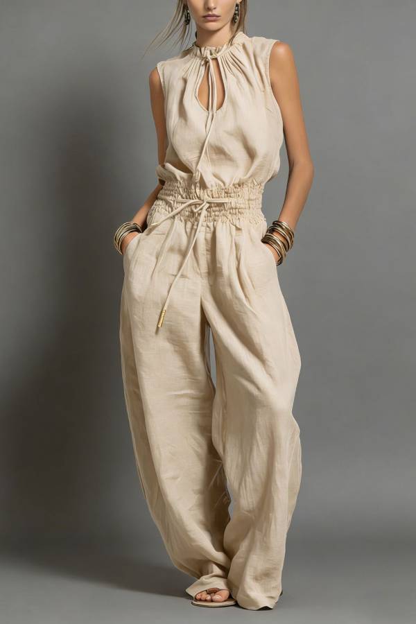 Ruffle Neck Drawstring Sleeveless Wide-Leg Jumpsuit