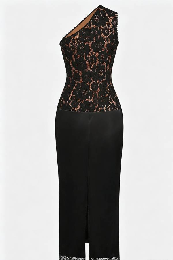 Rachel Floral Lace One Shoulder Satin Hem Sheath Midi Dress