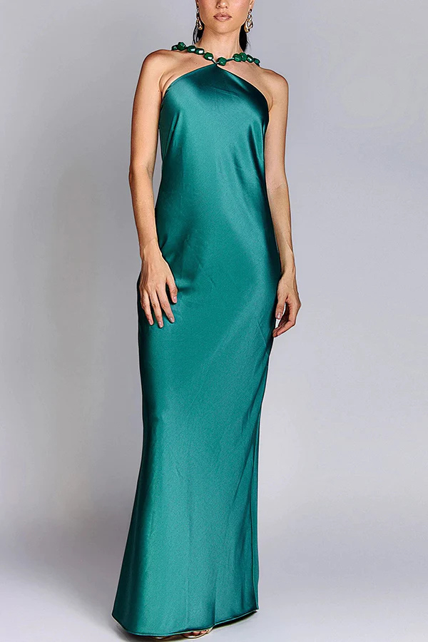 Luxurious and Elegant Satin Stone Halter Straps Maxi Dress