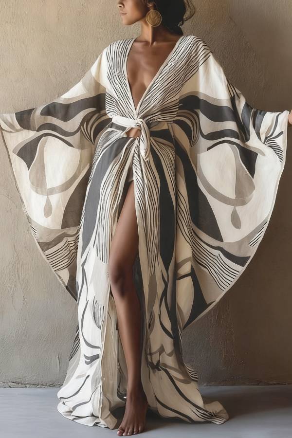 Retro Print Tie-Waist Loose Robe Cardigan