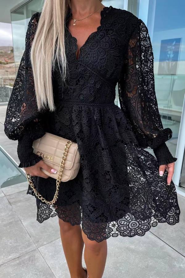 Sexy hollow water-soluble lace lace temperament commuter dress