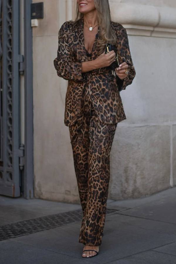 Leopard print suit and wide-leg pants two-piece set
