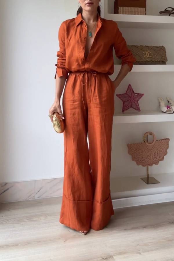 Two-piece set of linen loose-fitting wide-leg pants with shirt collar