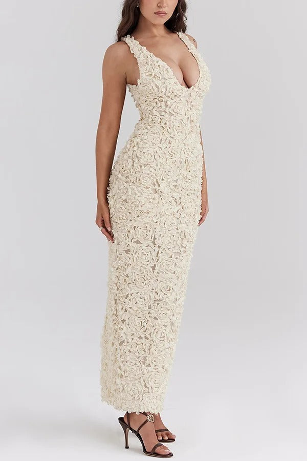 Three-dimensional Flower Sexy V-neck Slim Maxi Dress