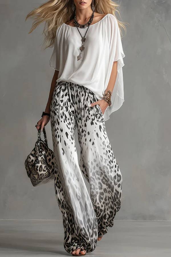 Flowy White T-shirt And Leopard Print Chiffon Pants Set