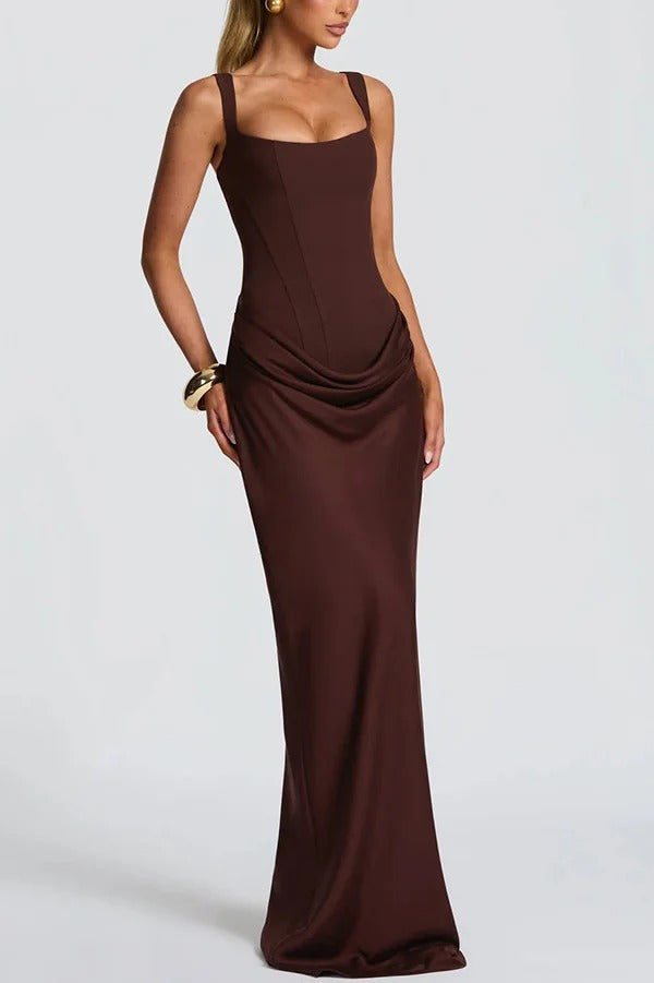 Larrah Square Neck Back Lace-up Satin Drape Hem Maxi Dress