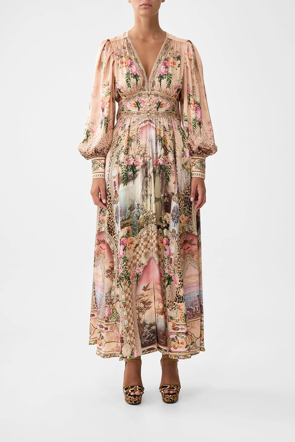Art Print V-Neck Waisted Palace Style Maxi Dress