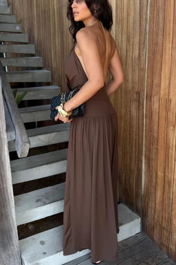 Lightweight Chic Metal Ring Drape Cowl Halter Neck Bodysuit and Elastic Waist Wide Leg Pants Set