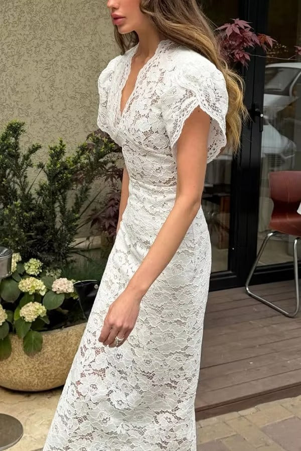Alysin Flower Lace Wave V-neck Short Puff Sleeve Pencil Slit Midi Dress