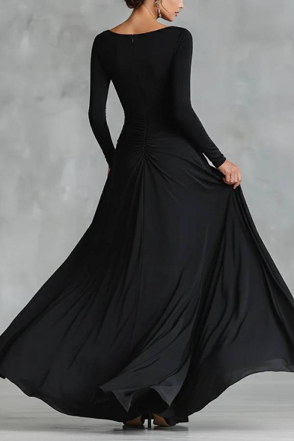 Black modern crepe pleated boat neck long dress