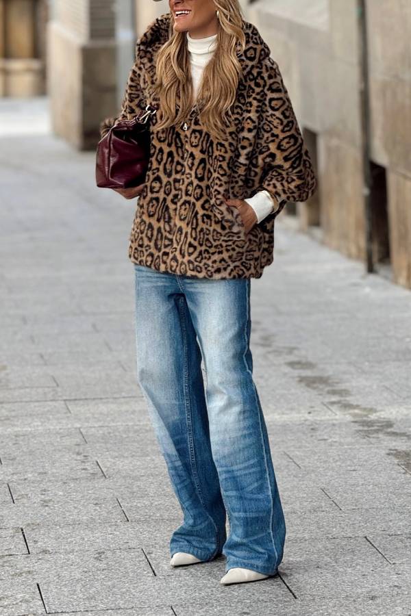 Leopard print hooded faux fur loose coat