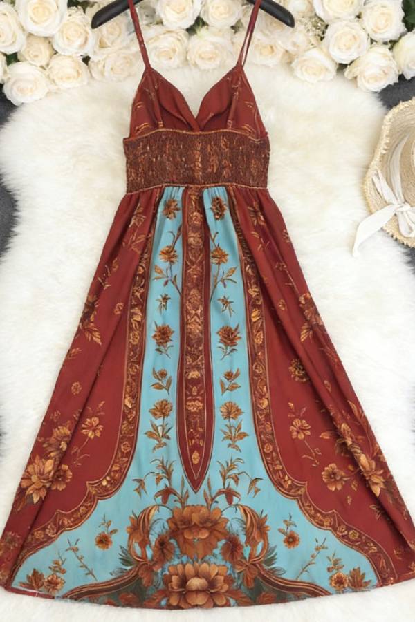 Boho Vintage Floral Print V-Neck Spaghetti Strap High Slit Maxi Vacation Dress