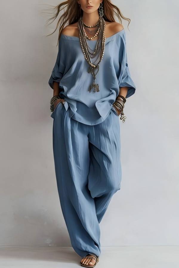 Off-Shoulder Loose Top + Elastic Waist Harem Pants Set