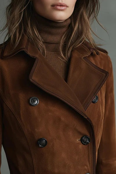 Stylish Suede Lapel Button Casual Pocket Long Trench Coat