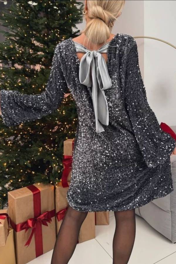 Sequined long-sleeved party dress with bow on the back